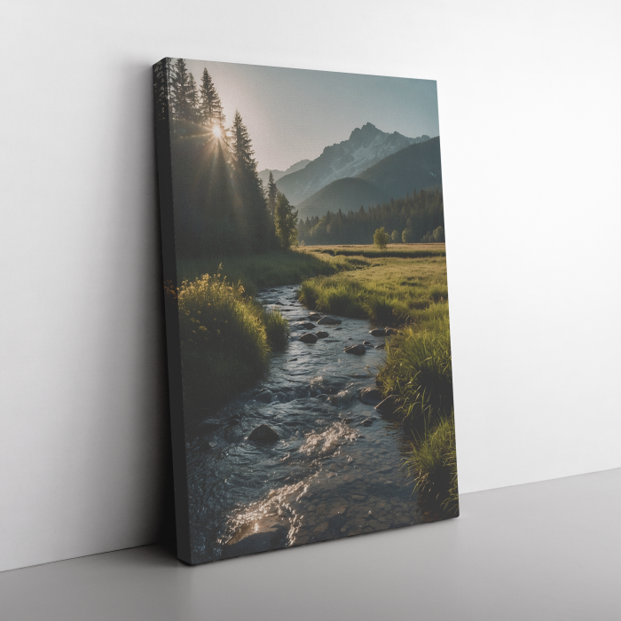 A Mountain Stream Canvas Print Leaning Against a Wall