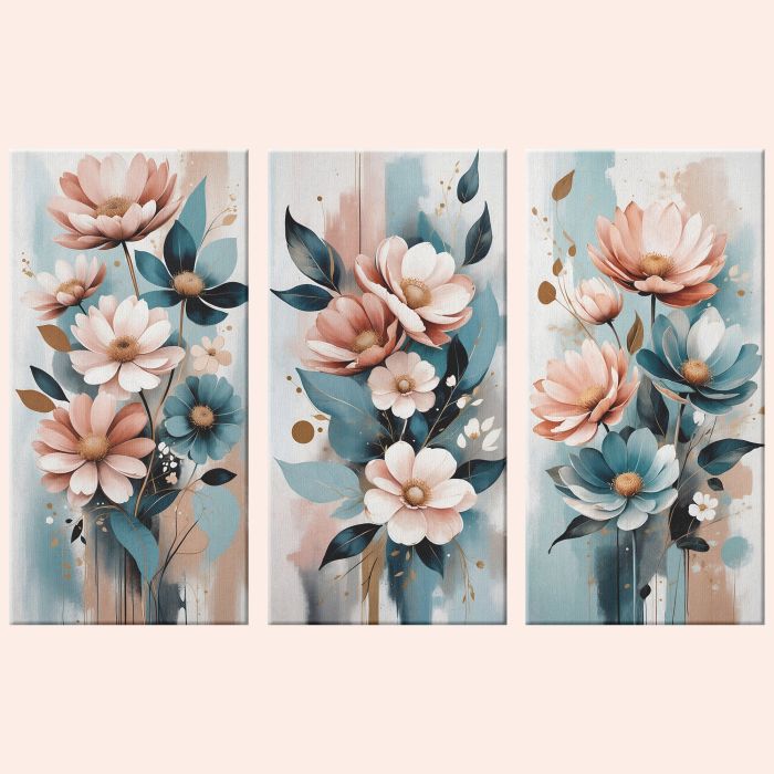 3 Panel Abstract Boho Flowers Canvas Wall Art