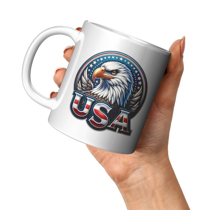 American Eagle USA 11oz White Coffee Mug Lifestyle Hand View