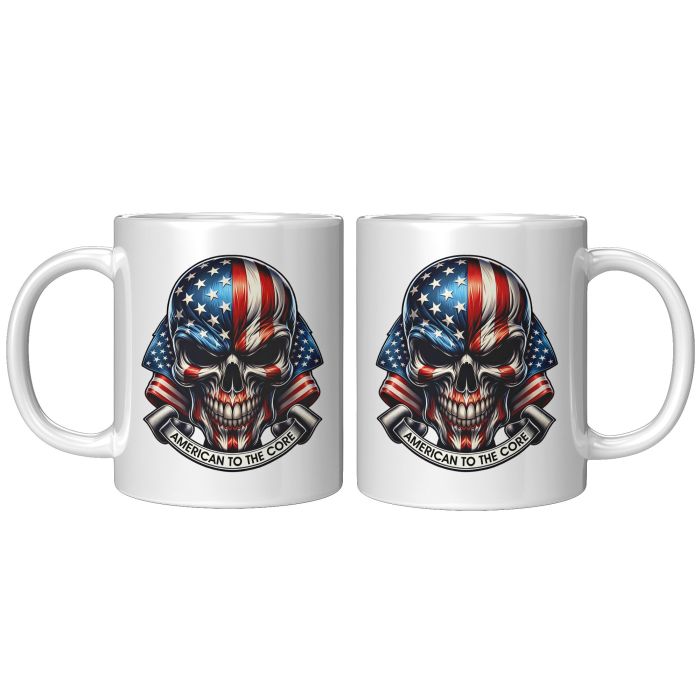 American To The Core Fierce Patriotic Skull 11 oz White Coffee Mug - Image 2