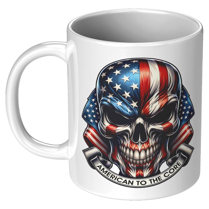 American To The Core Patriotic Skull 11oz White Left View Coffee Mug