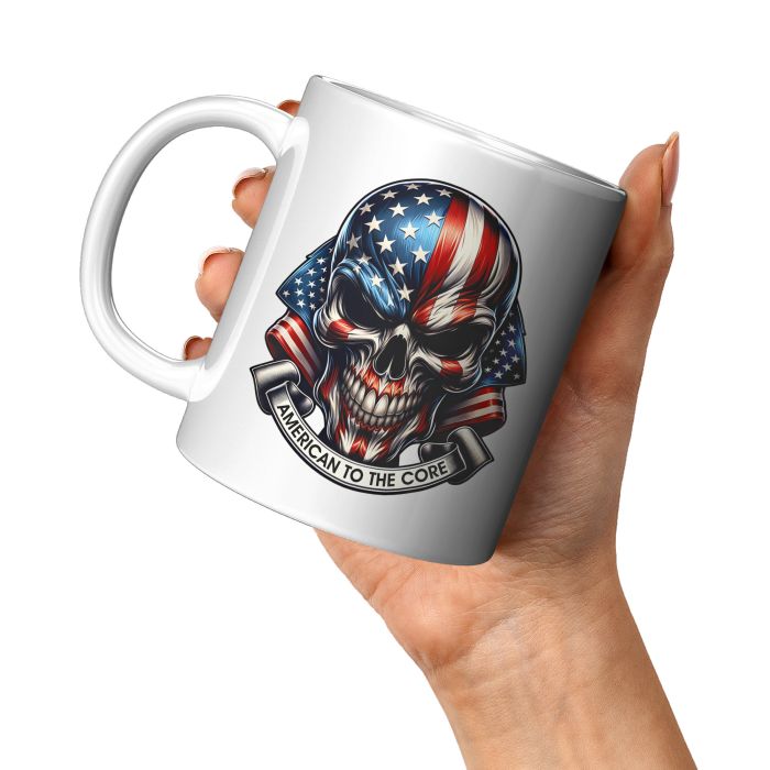 American To The Core Patriotic Skull 11oz White Left Hand View Coffee Mug