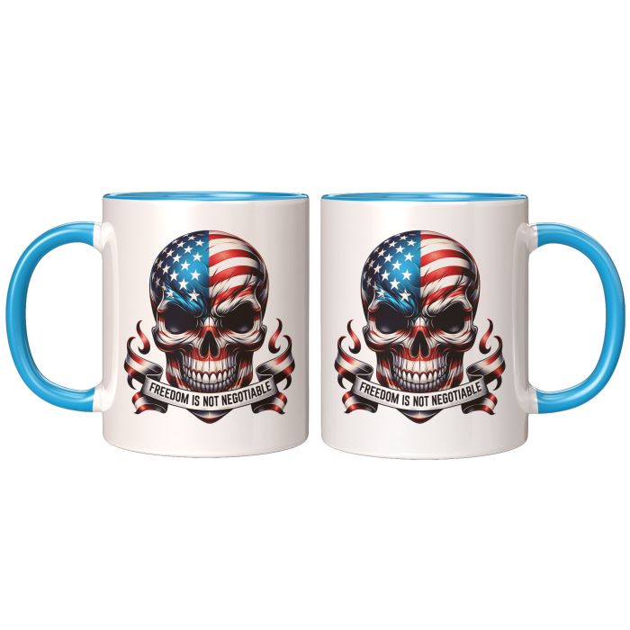 Freedom Patriotic Skull 11 oz Blue Color Accent Coffee Mug Left and Right View