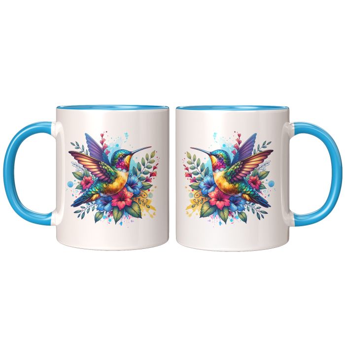 Hummingbird Among Flowers 11oz Coffee Mug LeftRight View Blue Color Accent