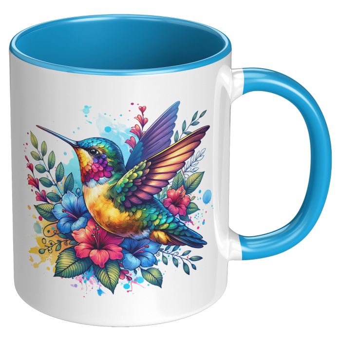 Hummingbird Among Flowers 11oz Coffee Mug Right View Blue Color Accent