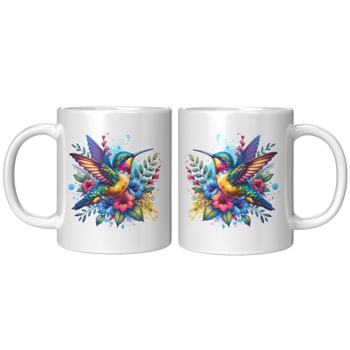 Hummingbird With Flowers Watercolor 11oz White Mug LeftRight View