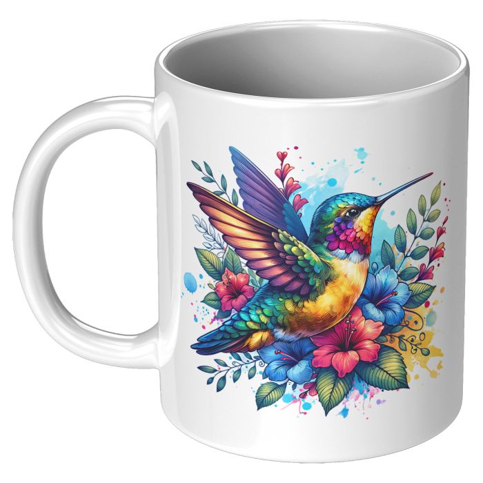 Hummingbird With Flowers Watercolor 11oz White Mug Left View