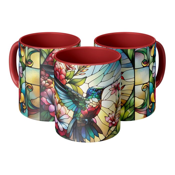 Stained Glass Hummingbird and Flowers 11oz Mug 3pc Triangle View