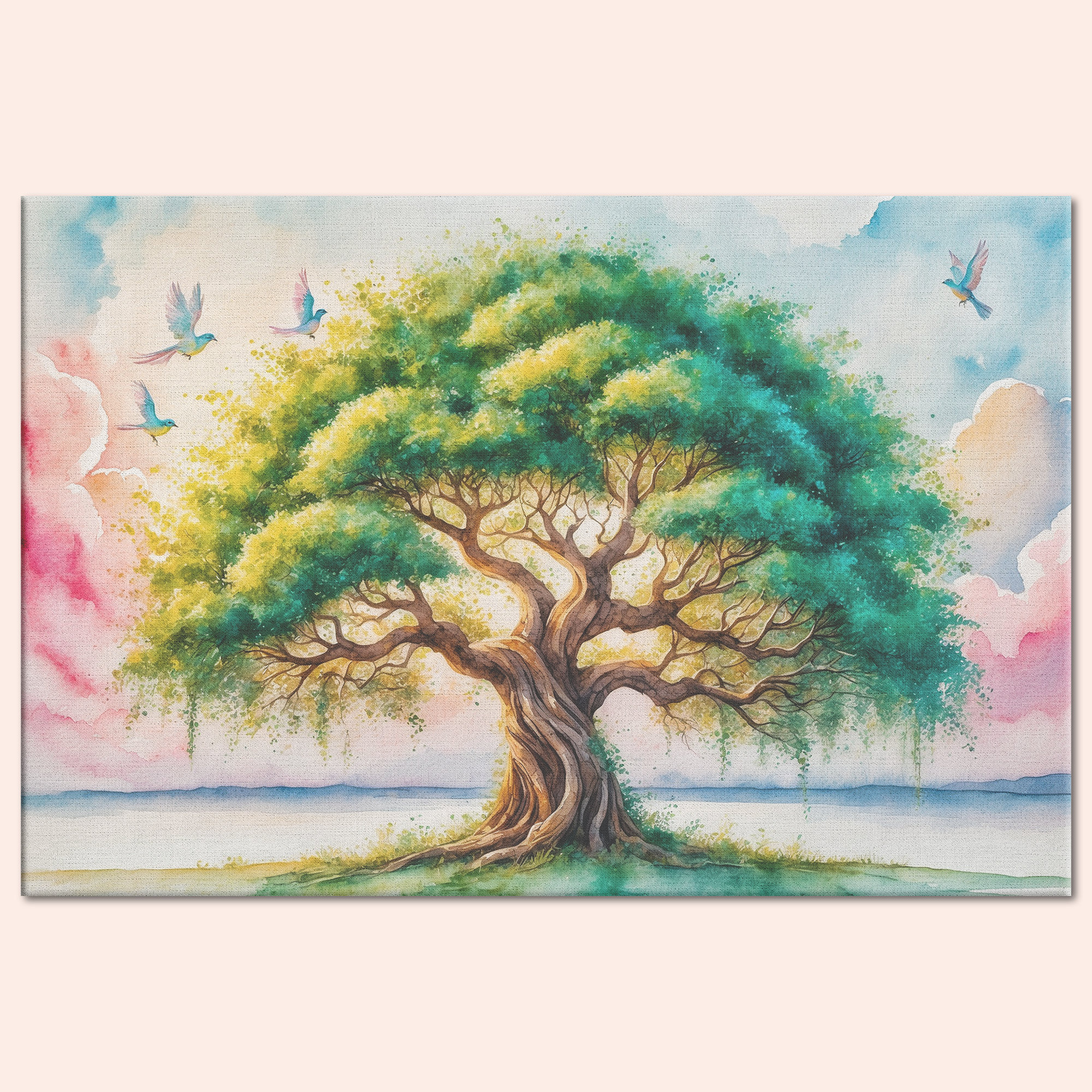 Watercolor Tree of Life With Birds Canvas Wall Art