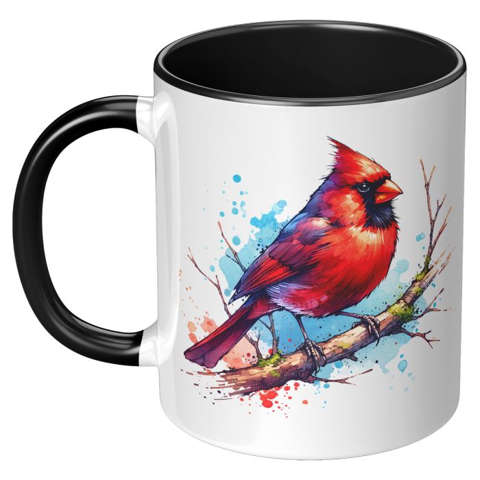 Cardinal on Branch Watercolor 11oz Color Accent Mug Left View Black