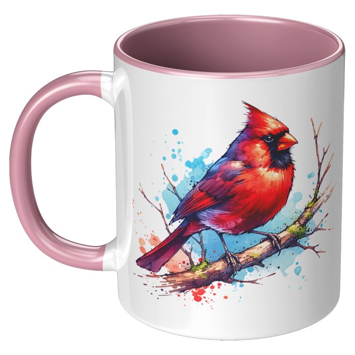 Cardinal on Branch Watercolor 11oz Color Accent Mug Left View Pink