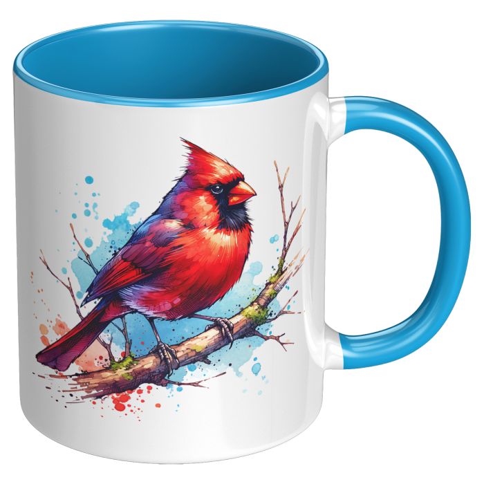 Cardinal on Branch Watercolor 11oz Color Accent Mug Right View Blue