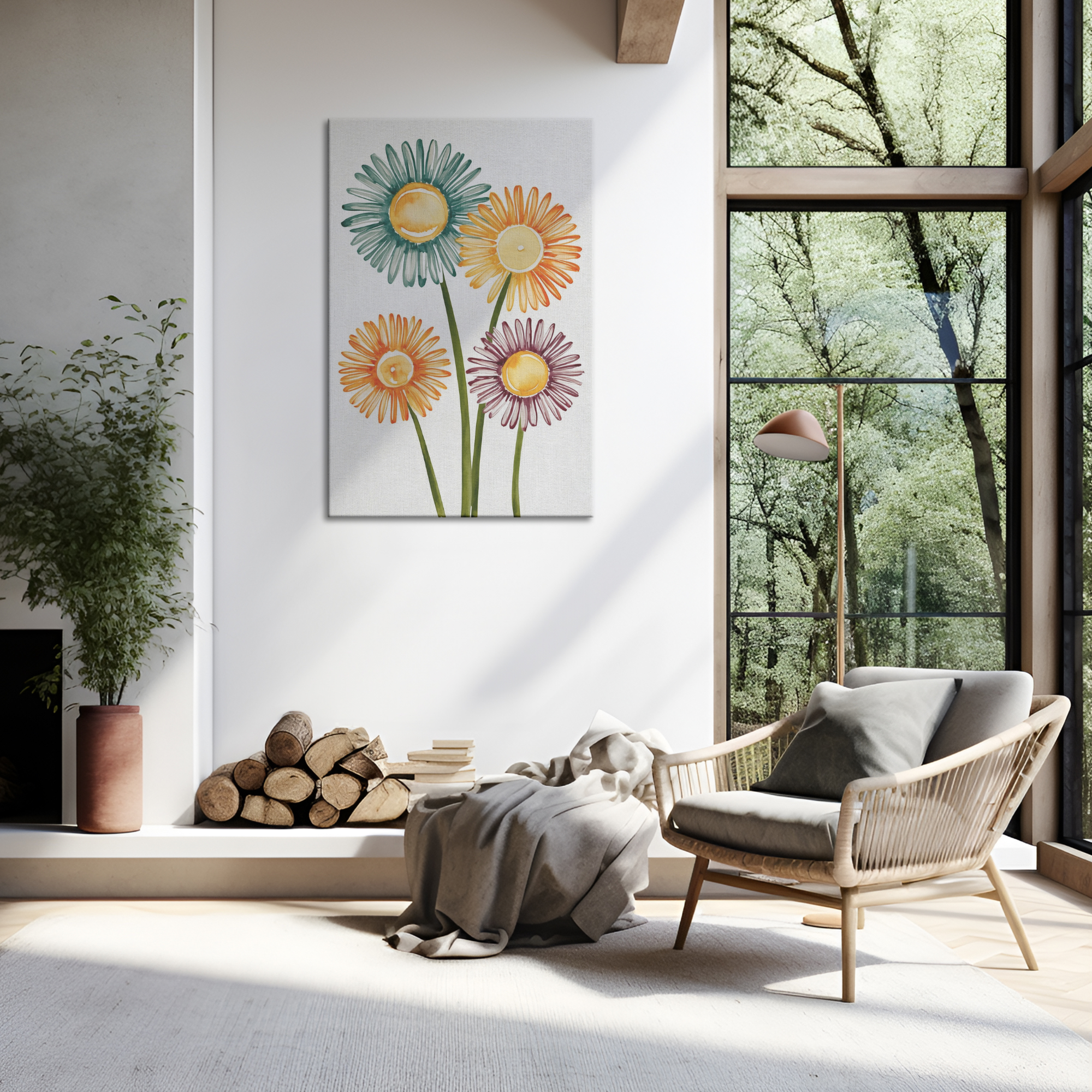 Abstract Minimalist Watercolor Daisies FarmhouseModern
